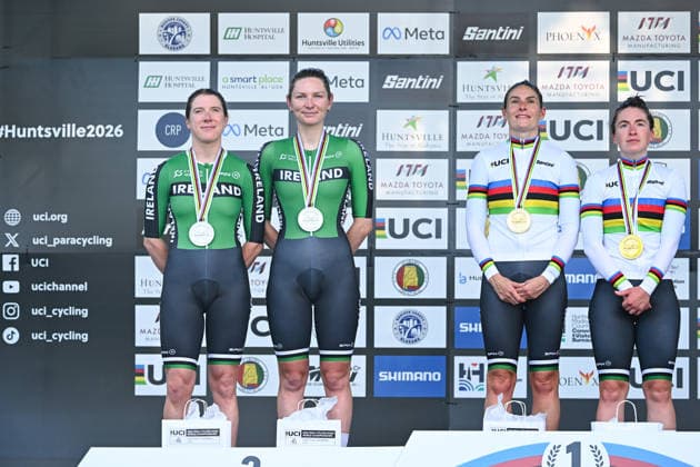 2026 UCI Para-cycling Road World Championships Picture by Mathew Wells SWpix.com - 05 09 2026 - Cycling - 2026 UCI Para-cycling Road World Championships - Huntsville, Alabama, United States of America - Women B Individual Time Trial (ITT) podium - Katie-George Dunlevy piloted by Linda Kelly (Ireland) and Sinead Greenan piloted by Alice Sharpe (Ireland) Huntsville Cummings Research Park United States of America Copyright: x xSWpix.comx(t axPhotographyxHubxLtd)xMathewxWells SWpix.comx SWP-3030-22836