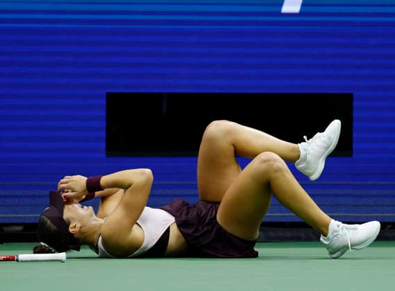 Iva Jovic celebrates after match point defeating Alexandra Eala of the Philippines in 3 sets in Arthur Ashe Stadium in the 3rd round at the 2026 US Open Tennis Championship at the USTA Billie Jean King National Tennis Center in New York City on Saturday, September 5, 2026.  NYP20260905138 JOHNxANGELILLO