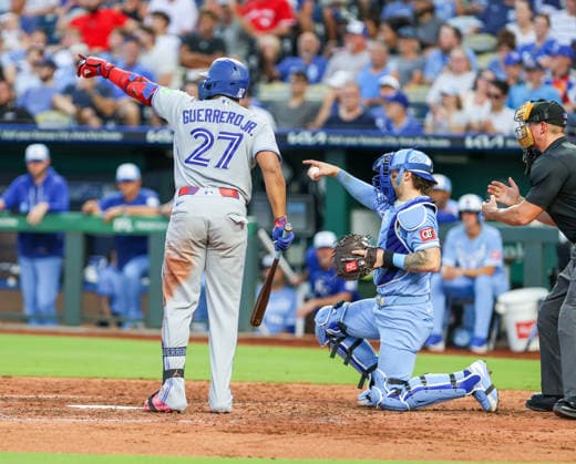 SEP 5, 2026: Toronto Blue Jays first baseman Vladimir Guerrero Jr. (27) and Kansas City Royals catcher Carter Jensen (22) reacts in the 5th inning at Kauffman Stadium Kansas City, MO. CSM MLB, Baseball Herren, USA 2026: Blue Jays Vs Royals Sep 5th  - ZUMAc04_ 20260905_zma_c04_395 Copyright: xRomanxPunox