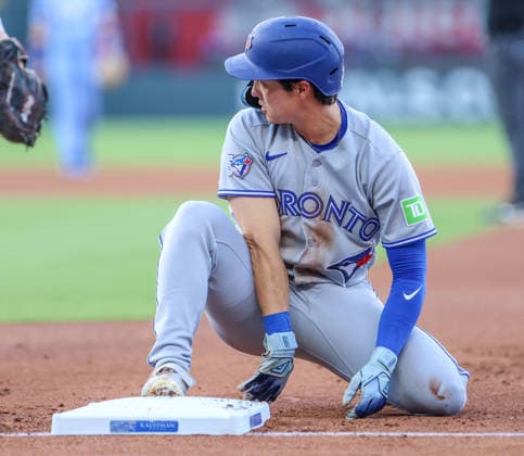 SEP 5, 2026: Toronto Blue Jays outfielder Brett Bateman (21) reacts after being picked off first base in the 1st inning against the Kansas City Royals at Kauffman Stadium Kansas City, MO. CSM Kansas City United States - ZUMAc04_ 20260905_zma_c04_408 Copyright: xRomanxPunox