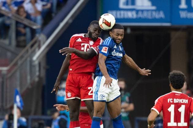(260906) -- GELSENKIRCHEN, Sept. 6, 2026 -- Moussa Sylla (top R) of FC Schalke 04 and Dayot Upamecano of FC Bayern Munich head for the ball during the German first division Bundesliga football match between FC Schalke 04 and FC Bayern Munich in Gelsenkirchen, Germany, Sept. 5, 2026. (Photo by Xinhua) (SP)GERMANY-GELSENKIRCHEN-FOOTBALL-BUNDESLIGA-SCHALKE 04 VS BAYERN MUNICH JoachimxBywaletz 