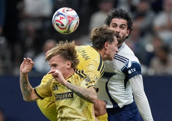 September 5, 2026, Vancouver, Bc, CANADA: Vancouver Whitecaps Brian White, back right, and St. Louis City s Daniel Edelman collide while vying for the ball behind Conrad Wallem, front left, during the second half of an MLS, Fussball Herren, USA soccer match, in Vancouver, on Saturday, Sept. 5, 2026. Canada News - September 5, 2026  - ZUMAc35_ 20260905_zaf_c35_122 Copyright: xDarrylxDyckx