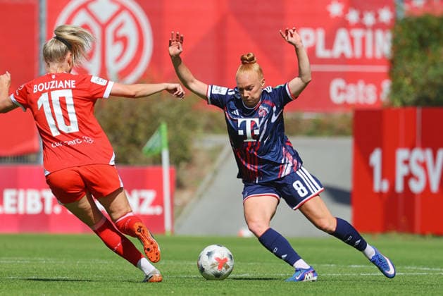Mainz, Deutschland 05. September 2026: 1. BL Frauen - 2026 2027 - Sp. 3 - 1. FSV Mainz 05 gegen 1. FC Köln Im Bild: v. li. im Zweikampf Chiara Bouziane (FSV) gegen Laura Vogt (1. FC). DFL DFB regulations prohibit any use of photographs as image sequences and or quasi-video Bruchwegstadion Rheinland - Pfalz *** Mainz, Germany, September 5, 2026, Women’s Bundesliga 2026–2027, Matchday 3: FSV Mainz 05 vs. 1. FC Köln. Pictured, from left, in a tackle: Chiara Bouziane (FSV) vs. Laura Vogt (1. FC). DFL and DFB regulations prohibit any use of photographs as image sequences and or quasi-video. Bruchwegstadion, Rhineland-Palatinate Copyright: xFotostandx xRacochax