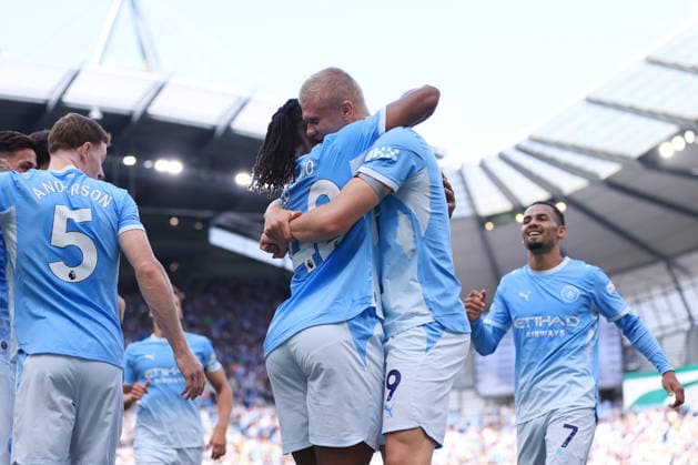 Fußball: Premier League – Manchester City gegen Coventry City, 5. September 2026 Premier League – Manchester City gegen Coventry City Erling Haaland von Manchester City feiert gemeinsam mit Antoine Semenyo von Manchester City nach dem ersten Tor. Foto: Simon Stacpoole Abseits, Manchester, Großbritannien  Copyright: xSimonxStacpoolexOffside