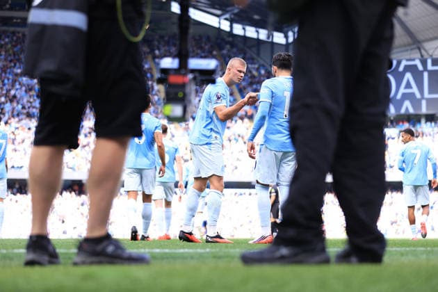 Football - Premier League - Manchester City v Coventry City 5th September 2026 - Premier League - Manchester City v Coventry City - A television (TV) Steadicam cameraman blocks the view as Erling Haaland of Manchester City celebrates with Rayan Cherki of Manchester City after scoring their 1st goal - Photo: Simon Stacpoole Offside. Manchester UK  Copyright: xSimonxStacpoolexOffside
