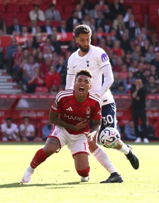 Igor Jesus (NF) Rodrigo Bentancur (TH) at the Nottingham Forest v Tottenham Hotspur, EPL match, at The City Ground, Nottingham, Notts., on 5th September, 2026.  .