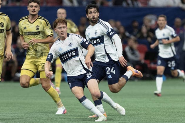 Oliver Larraz and Brian White seen during MLS, Fussball Herren, USA game between teams of Vancouver Whitecaps FC and St. Louis City SC(Gael Amador Ball Raw Images) Vancouver BC Place Canada Copyright: xGaelxAmadorx Whitecaps_StLouis0143