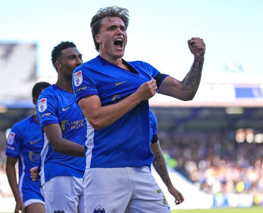 Portsmouth v Cardiff City Sky Bet Championship Marko MilovanoviÄ‡ of Portsmouth celebrates after scoring his sides second goal during the Sky Bet Championship match at Fratton Park, Portsmouth 05 09 2026 UK Newspapers OUT Copyright: xNeilxHolmesx FIL-23900-0019