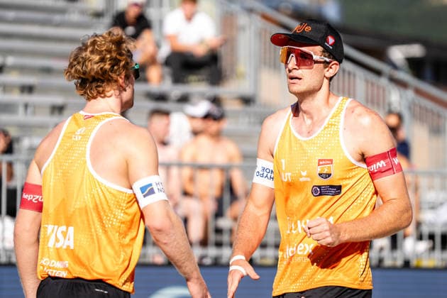 Beach volleyball, Beachvolleyball - MEVZA Schladming SCHLADMING,AUSTRIA,06.SEP.26 - BEACH VOLLEYBALL - win2day Tour PRO, MEVZA Schladming. Image shows Tim Berger and Timo Hammarberg.  GEPAxpictures xJulioxArellano