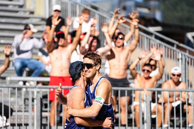 Beach volleyball, Beachvolleyball - MEVZA Schladming SCHLADMING,AUSTRIA,06.SEP.26 - BEACH VOLLEYBALL - win2day Tour PRO, MEVZA Schladming. Image shows Timo Hammarberg and Tim Berger.  GEPAxpictures xJulioxArellano
