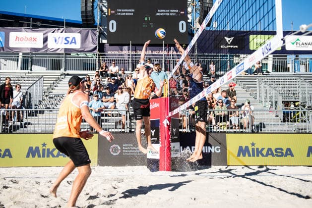 Beach volleyball, Beachvolleyball - MEVZA Schladming SCHLADMING,AUSTRIA,06.SEP.26 - BEACH VOLLEYBALL - win2day Tour PRO, MEVZA Schladming. Image shows Tim Berger and Lorenz Peter.  GEPAxpictures xJulioxArellano