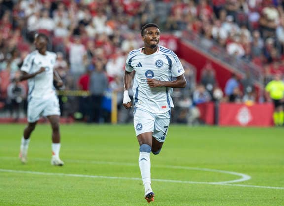 (260906) -- TORONTO, Sept. 6, 2026 -- Maren Haile-Selassie (front) of Chicago Fire FC celebrates scoring during the 2026 Major League Soccer MLS, Fussball Herren, USA regular season match between Toronto FC and Chicago Fire FC at BMO Field in Toronto, Canada, Sept. 5, 2026. (Photo by Xinhua) (SP) CANADA-TORONTO-SOCCER-MLS-TORONTO FC VS CHICAGO FIRE FC ZouxZheng 