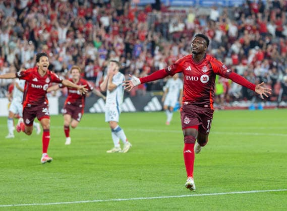 (260906) -- TORONTO, Sept. 6, 2026 -- Derrick Etienne Jr. (1st R) of Toronto FC celebrates scoring during the 2026 Major League Soccer MLS, Fussball Herren, USA regular season match between Toronto FC and Chicago Fire FC at BMO Field in Toronto, Canada, Sept. 5, 2026. (Photo by Xinhua) (SP) CANADA-TORONTO-SOCCER-MLS-TORONTO FC VS CHICAGO FIRE FC ZouxZheng 