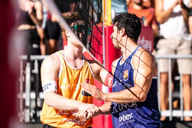 Beach volleyball, Beachvolleyball - MEVZA Schladming SCHLADMING,AUSTRIA,06.SEP.26 - BEACH VOLLEYBALL - win2day Tour PRO, MEVZA Schladming. Image shows Tim Berger (AUT) and Maximilian Trummer (AUT).  GEPAxpictures xJulioxArellano