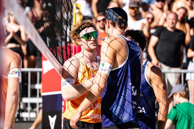 Beach volleyball, Beachvolleyball - MEVZA Schladming SCHLADMING,AUSTRIA,06.SEP.26 - BEACH VOLLEYBALL - win2day Tour PRO, MEVZA Schladming. Image shows Tim Berger (AUT) and Lorenz Peter (AUT).  GEPAxpictures xJulioxArellano