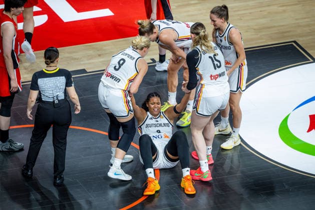 Basketball Berlin, September 5, 2026, FIBA Women’s Basketball World Cup Germany 2026, Preliminary Round, Group Germany (GER) vs. Japan (JPN), Nyara Sabally (Germany), No. 08 on the floor, Emma Eichmeyer (Germany), No. 09 Luisa Geiselsöder Germany, No. 15 Geiselsöder