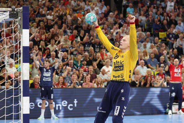 September 5, 2026, xBHAx, Handball, Opel HBL, 2026–2027 season, 1st HBL, SG Flensburg Handewitt vs. HC Erlangen, GGW Arena, Simon Möller, SG Flensburg Handewitt 30, celebrating, Schleswig-Holstein, Germany