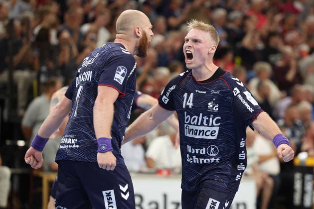 September 5, 2026, xBHAx, Handball, Opel HBL, 2026–2027 Season, 1st HBL, SG Flensburg-Handewitt vs. HC Erlangen, GGW Arena; Arnar Freyr Arnarsson (SG Flensburg-Handewitt, 41) and Emil Bergholt (SG Flensburg-Handewitt, 14) celebrating; Schleswig-Holstein, Germany