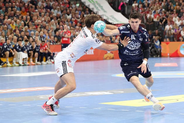 September 5, 2026, xBHAx, Handball, Opel HBL, 2026–2027 season, 1st HBL, SG Flensburg Handewitt vs. HC Erlangen, GGW Arena: Aymeric Minne of SG Flensburg Handewitt scores 44 goals against Florian Scheerer of HC Erlangen; 10 from Schleswig-Holstein; German