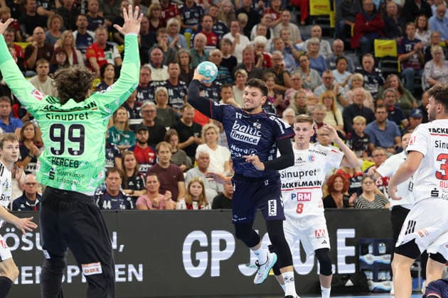 September 5, 2026, xBHAx, Handball, Opel HBL, 2026–2027 Season, 1st HBL, SG Flensburg-Handewitt vs. HC Erlangen, GGW Arena, Marko Grigic of SG Flensburg-Handewitt (No. 17) on the attack against Tin Herceg of HC Erlangen (No. 99), Schleswig-Holstein, Germany