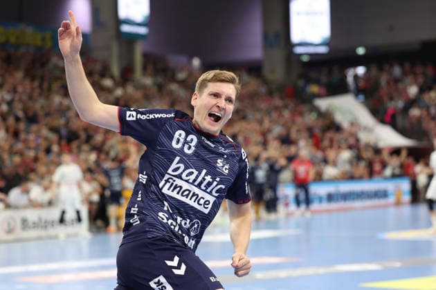 September 5, 2026, xBHAx, Handball, Opel HBL, 2026–2027 season, 1st HBL, SG Flensburg Handewitt vs. HC Erlangen, GGW Arena—Domen Novak, SG Flensburg Handewitt 63, celebrating, Schleswig-Holstein, Germany