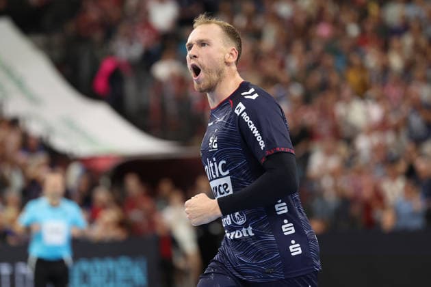 September 5, 2026, xBHAx, Handball, Opel HBL, 2026–2027 season, 1st HBL, SG Flensburg-Handewitt vs. HC Erlangen, GGW Arena, Simon Pytlick, SG Flensburg-Handewitt 2 celebrating, Schleswig-Holstein, Germany