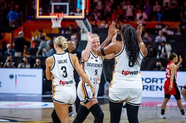 Basketball Berlin, September 5, 2026 FIBA Women’s Basketball World Cup Germany 2026 Preliminary Round Group Germany (GER) vs. Japan (JPN) Germany celebrates after the victory Emma Eichmeyer (Germany, No. 09), Nyara Sabally (Germany, No. 08), Alexandra Wilke (Germany, No. 03)