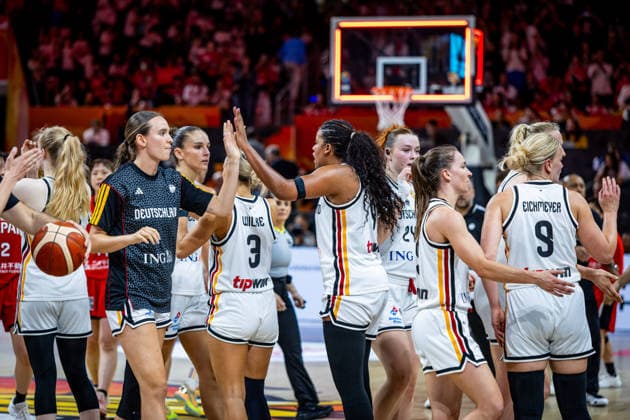 Basketball Berlin, September 5, 2026 FIBA Women’s Basketball World Cup Germany 2026 Preliminary Round Group Germany (GER) vs. Japan (JPN) Germany celebrates after the victory: Nyara Sabally (Germany, No. 08), Emily Bessoir (Germany, No. 22), and others
