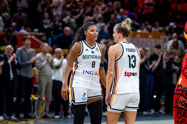 Basketball Berlin, September 5, 2026 FIBA Women’s Basketball World Cup Germany 2026 Preliminary Round Group Germany (GER) vs. Japan (JPN) Germany celebrates after the victory Nyara Sabally (Germany, No. 08) Leonie Fiebich (Germany, No. 13)