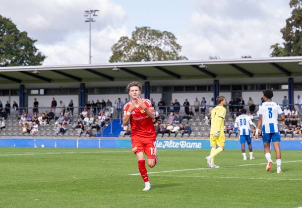 Soccer, A-Juniors, 2026–2027 Season, DFB Youth League, Preliminary Round, Group B, Matchday 5, Hertha BSC U19 vs. 1. FC Union Berlin U19, Linus Güther (1. FC Union), celebrating after scoring the 1–0 goal, September 6, 2026, Copyright: xMatthiasxKochx