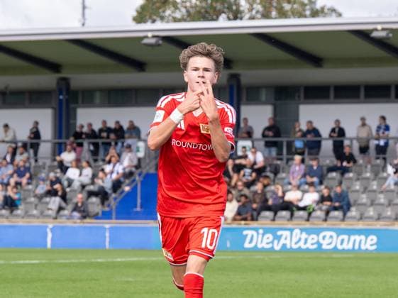Soccer, A Juniors, 2026–2027 Season, DFB Youth League, Preliminary Round, Group B, Matchday 5, Hertha BSC U19 vs. 1. FC Union Berlin U19, Linus Güther (1. FC Union), celebrating after scoring the 1–0 goal, September 6, 2026, Copyright: xMatthiasxKochx