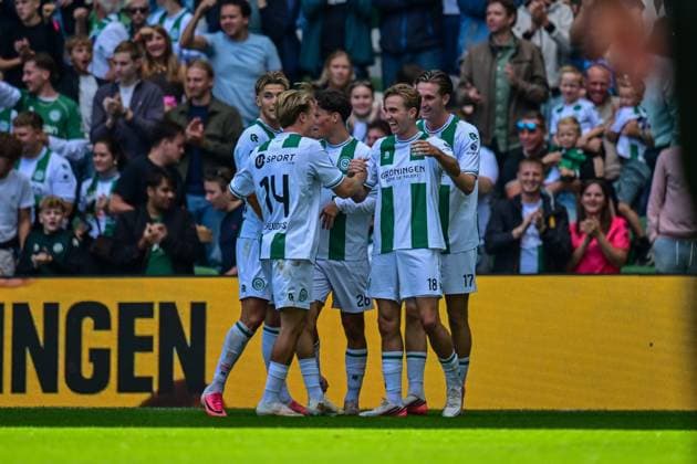 GRONINGEN , 06-09Ã2026 , Stadium Euroborg , season 2026 2027 , Dutch Eredivisie football , match between FC Groningen and FC Twente , picture shows goal celebration by Groningen player Tygo Land Groningen - Twente  x206571434x Copyright: