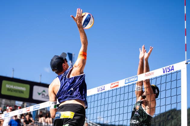 Beach volleyball, Beachvolleyball - MEVZA Schladming SCHLADMING,AUSTRIA,06.SEP.26 - BEACH VOLLEYBALL - win2day Tour PRO, MEVZA Schladming. Image shows Lorenz Peter (AUT) and Drexler Christoph (AUT).  GEPAxpictures xJulioxArellano