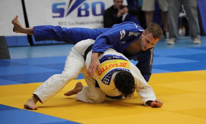 05.09.2026 xhpx Offenbach am Main 1. Judo Bundesliga 1 JC Samurai Offenbach gegen JSV Speyer Kampf zwischen Leon Ehmig (Samurai) gegen Philip Müller (Speyer) *** September 5, 2026 xhpx Offenbach am Main 1st Judo Bundesliga: JC Samurai Offenbach vs. JSV Speyer; match between Leon Ehmig (Samurai) and Philip Müller (Speyer)