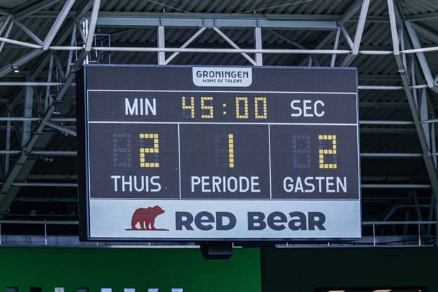 GRONINGEN - LED screen shows the half-time score between FC Groningen and FC Twente during the Eredivisie match between FC Groningen and FC Twente at the Euroborg on 06 September 2026 in Groningen, the Netherlands. MARCEL TER BALS ANP Eredivisie 2026 27 xVIxANPxSportx xMarcelxterxBalsxIVx 567358127 originalFilename: 567358127.jpg