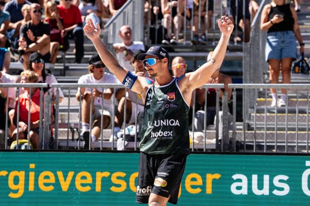 Beach volleyball, Beachvolleyball - MEVZA Schladming SCHLADMING,AUSTRIA,06.SEP.26 - BEACH VOLLEYBALL - win2day Tour PRO, MEVZA Schladming. Image shows Mathias Seiser (AUT).  GEPAxpictures xJulioxArellano