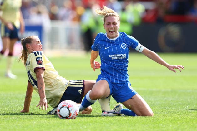 Crawley, England, 6th September 2026. Maisie Symonds of Brighton & Hove Albion is fouled by Georgia Stanway of Arsenal during the Brighton Women vs Arsenal Women Barclays Women s Super League match at Broadfield Stadium, Crawley. Picture credit should read: Paul Terry Sportimage EDITORIAL USE ONLY. No use with unauthorised audio, video, data, fixture lists, club league logos or live services. Online in-match use limited to 120 images, no video emulation. No use in betting, games or single club league player publications. SPI_015_PT_Brighton_W_Arsenal_W SPI-4977-0015