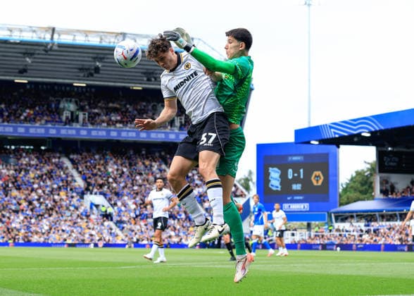 Birmingham, England, 6th September 2026. Ladislav Krejci of Wolverhampton Wanderers fouls James Beadle of Birmingham City during the Birmingham City vs Wolverhampton Wanderers Sky Bet Championship match at St Andrews, Birmingham. Picture credit should read: Cody Froggatt Sportimage EDITORIAL USE ONLY. No use with unauthorised audio, video, data, fixture lists, club league logos or live services. Online in-match use limited to 120 images, no video emulation. No use in betting, games or single club league player publications. SPI_024_CF_BIRMINGHAM_V_WOLVES SPI-4976-0024