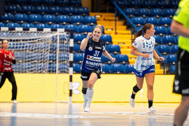 HSG Blomberg Lippe (GER) vs. Gloria Bistrita (ROM), Handball, EHF Champions League Women, Group Stage, September 6, 2026, 2026–2027 Season, Lemgo’s Alexia Hauf of HSG Blomberg Lippe, 31, celebrates after scoring a goal at the Phoenix Contact Arena in Lemgo, Germany