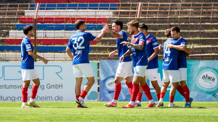 VfR Mannheim players celebrate the 1-0 goal; celebration; goal celebration; scoring a goal; celebrating the goal; goal; celebration; celebrating the goal; rejoicing; joy; happy; optimistic; positive; game scene; highlight; action; September 6, 2026, Mannheim, Germany, soccer, Regionalliga Südwest, VfR Mannheim vs. FC 08 Homburg xozx