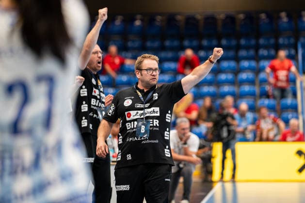 HSG Blomberg Lippe (GER) vs. Gloria Bistrita (ROM), Handball, EHF Champions League Women, Group Stage, September 6, 2026, 2026–2027 Season, Lemgo: Steffen Birkner (HSG Blomberg Lippe), coach celebrates at the Phoenix Contact Arena in Lemgo, Germany