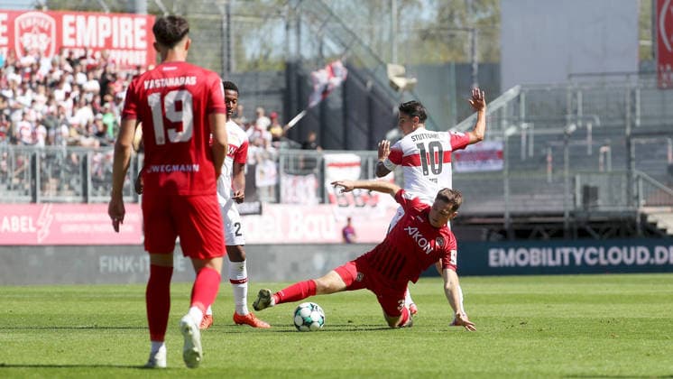 September 6, 2026, xfsx, Men s, Soccer, 2026–2027 Season, 3rd Division, Matchday 4: FC Würzburger Kickers vs. VfB Stuttgart II. From left: Thomas Kastanaras (FC Würzburger Kickers), Jarzinho Malanga (VfB Stuttgart II), Tim Kraus (FC Würzburger Kickers), Nicolas Sessa (VfB Stuttgart II). Würzburg, AKON ARENA, Bavaria, Germany