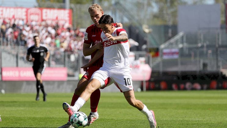 September 6, 2026, xfsx, Men s, Soccer, 2026–2027 Season, 3rd Division, Matchday 4: FC Würzburger Kickers vs. VfB Stuttgart II; from left: Louis Breunig (FC Würzburger Kickers), Nicolas Sessa (VfB Stuttgart II); Würzburg AKON ARENA, Bavaria, Germany
