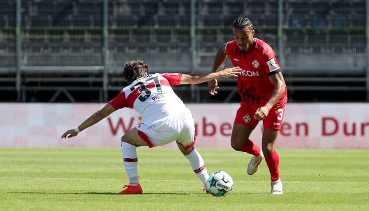 September 6, 2026, xfsx, Men s, Soccer, 2026–2027 Season, 3rd Division, Matchday 4: FC Würzburger Kickers vs. VfB Stuttgart II; from left: David Preu (VfB Stuttgart II), David Abrangão (FC Würzburger Kickers); Würzburg, AKON ARENA, Bavaria, Germany