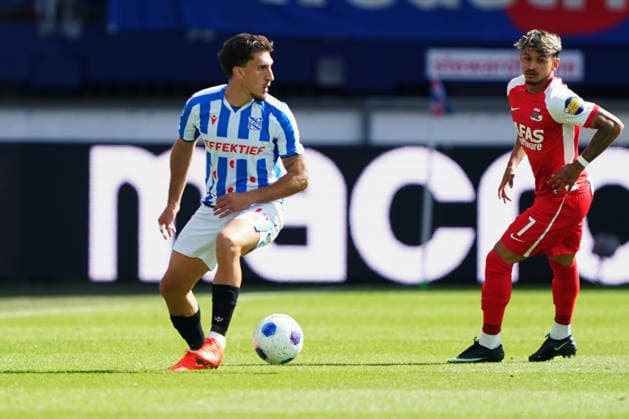 2026-09-06 SC Heerenveen v AZ Alkmaar - VriendenLoterij Eredivisie HEERENVEEN, NETHERLANDS - SEPTEMBER 6: Vasilios Zagaritis of SC Heerenveen, Wesley Patati of AZ during the VriendenLoterij Eredivisie match between SC Heerenveen and AZ Alkmaar at Abe Lenstra stadion on September 6, 2026 in Heerenveen, Netherlands. Heerenveen Abe Lenstra stadion Netherlands Content not available for redistribution in The Netherlands directly or indirectly through any third parties. Copyright: xAndrexWeeningx