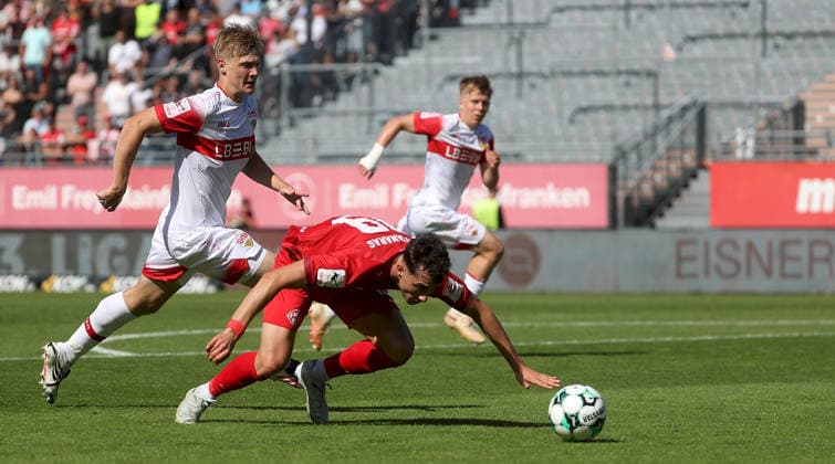 September 6, 2026, xfsx, Men s, Soccer, 2026–2027 Season, 3rd Division, Matchday 4: FC Würzburger Kickers vs. VfB Stuttgart II; from left: Maximilian Herwerth (VfB Stuttgart II), Thomas Kastanaras (FC Würzburger Kickers), Julian Lueers (VfB Stuttgart II); Würzburg, AKON ARENA, Bavaria, Germany