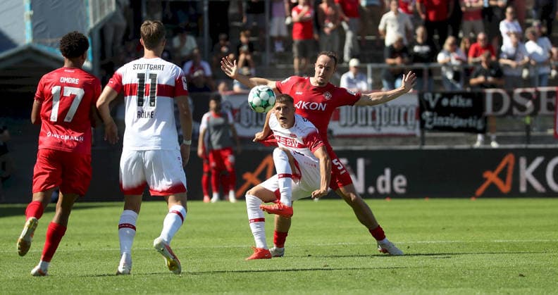 September 6, 2026, xfsx, Men s, Soccer, 2026–2027 Season, 3rd Division, Matchday 4 FC Würzburger Kickers vs. VfB Stuttgart II (from left): Liam Omore (FC Würzburger Kickers), Oliver Roelke (VfB Stuttgart II), Enis Redzepi (VfB Stuttgart II), Leo Eberle (FC Würzburger Kickers), Würzburg AKON ARENA, Bavaria, Germany
