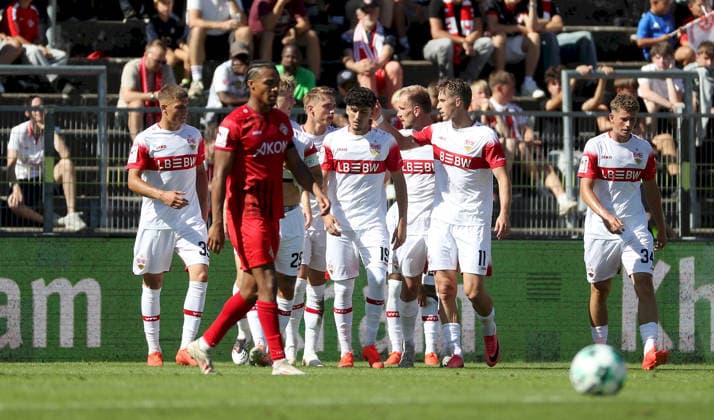 September 6, 2026, xfsx, Men s, Soccer, 2026–2027 Season, 3rd Division, Matchday 4: FC Würzburger Kickers vs. VfB Stuttgart II (from left: Stuttgart players celebrating a goal, goal celebration, cheering after Alexander Gross’s goal to make it 1–2 for VfB Stuttgart II in Würzburg at the AKON ARENA, Bavaria, Germany)