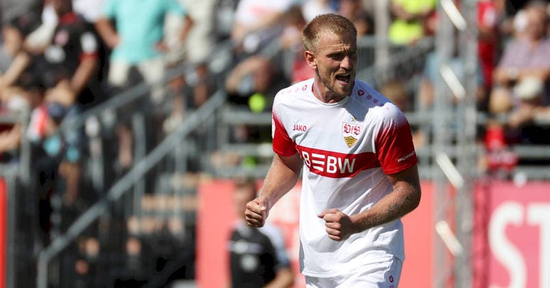 September 6, 2026, xfsx, Men s, Soccer, 2026–2027 Season, 3rd Division, Matchday 4, FC Würzburger Kickers vs. VfB Stuttgart II; from left: Alexander Gross of VfB Stuttgart II celebrating the goal; goal celebration; cheering over the goal that made it 1–2; single frame; Würzburg AKON ARENA; Bavaria, Germany
