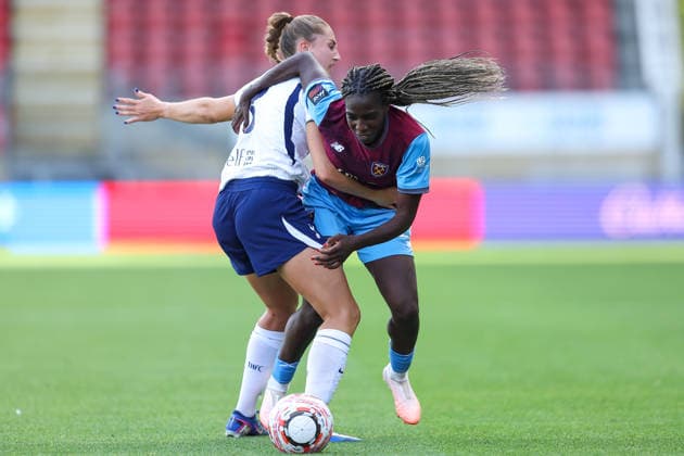 RECORD DATE NOT STATED 6th September 2026; BetWright Stadium, London, England; Womens Super League Football, Tottenham Hotspur versus West Ham United; Ella Morris of Tottenham Hotspur and Viviane Asseyi of West Ham United KatiexChan
